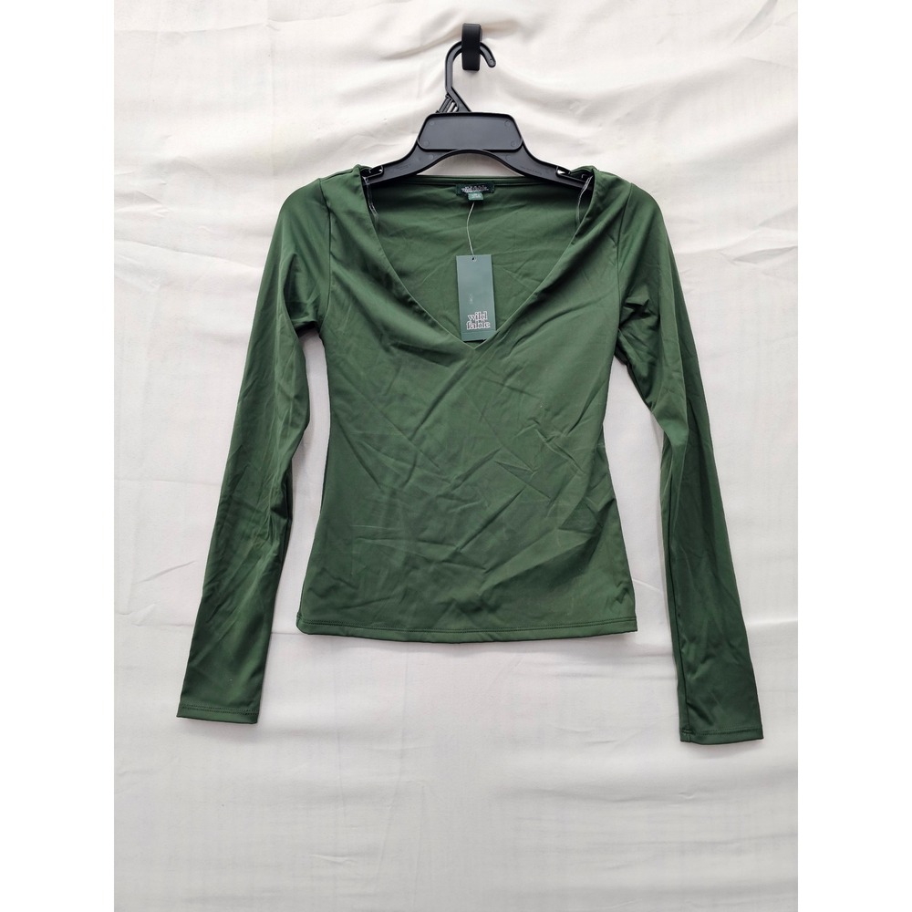 Wild Fable Womens V-Neck Long Sleeve Top Dark Green Nylon Blend Size XS